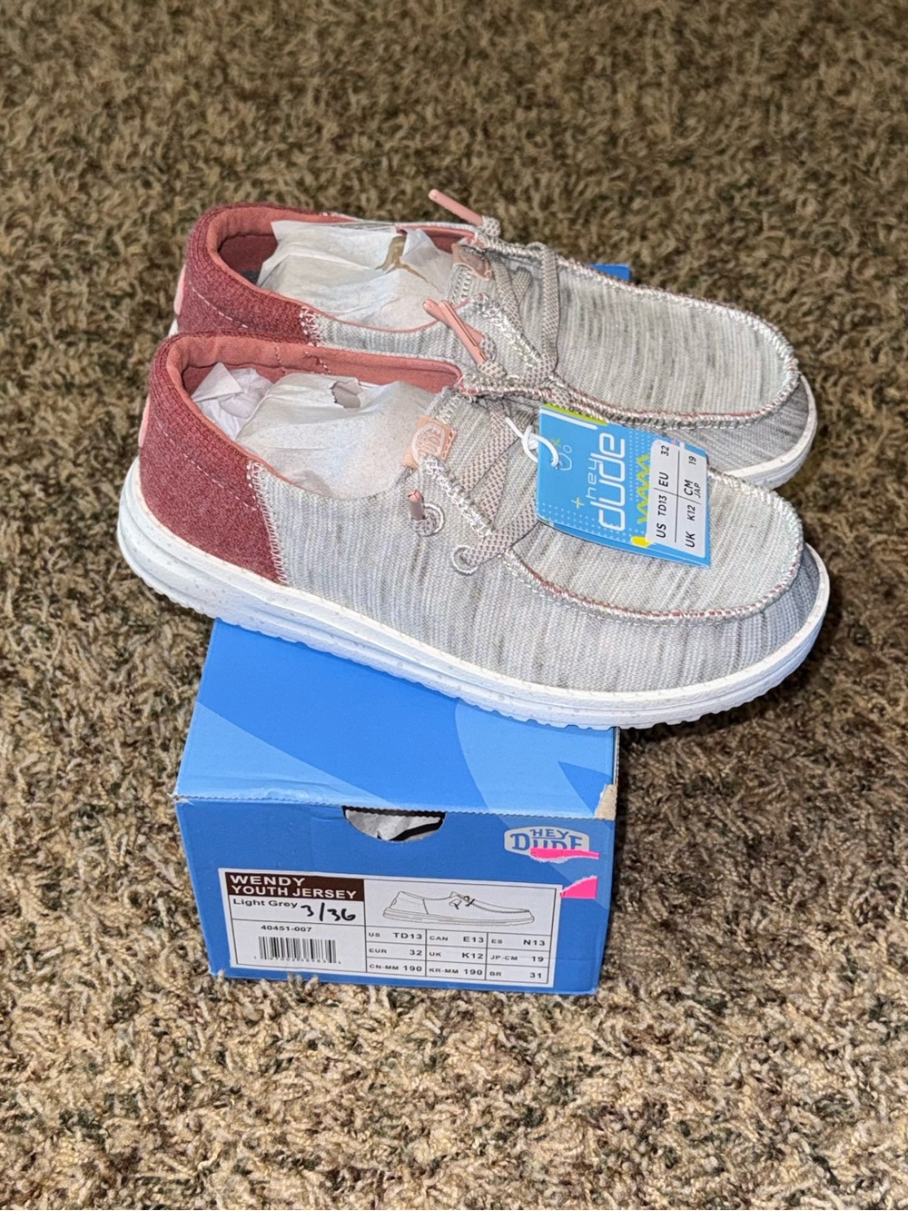 New Hey Dude Wendy Youth Jersey Light Grey Girls Comfort Shoes Size 13 Kids